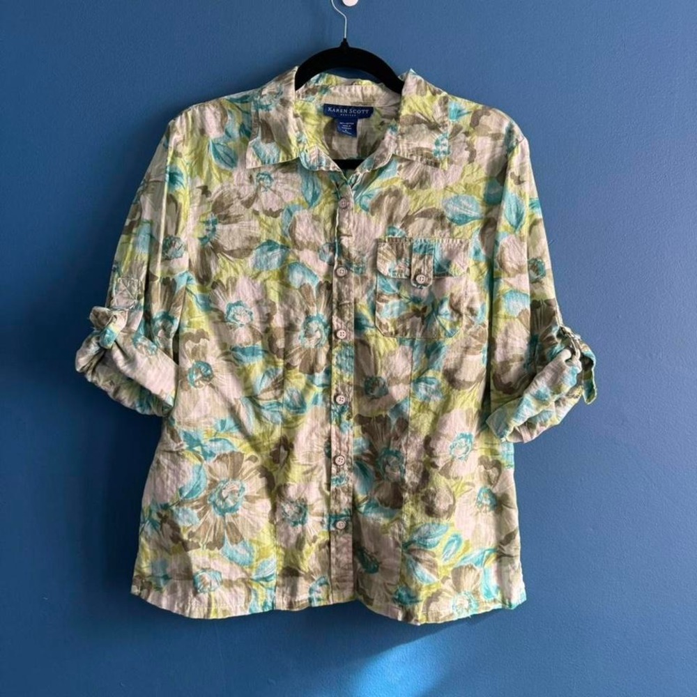 Y2K Floral Button Down Women's Size Large Petite‎ Blue Green Karen Scott Safari
